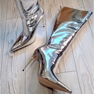 (T-4395)  Only Maker Women's Mid Calf Boots, Knee High Boots, Silver Sz 10